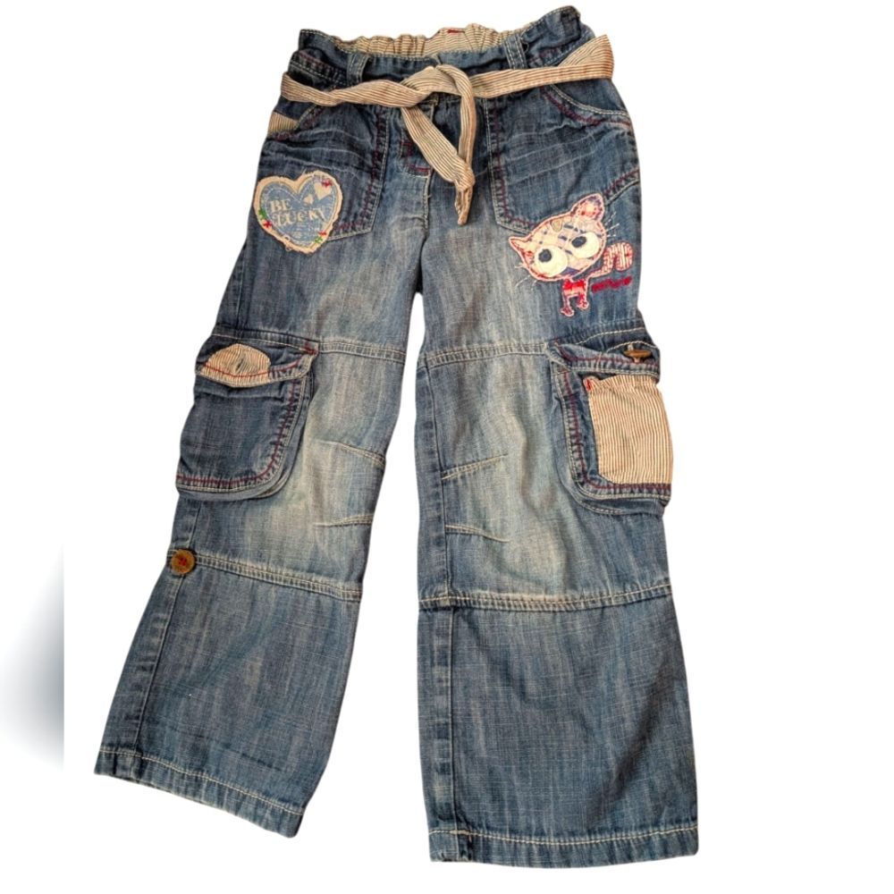 Next Kids Embroidered Cat Patchwork Cargo Denim Jeans Size 3-4 Youth
